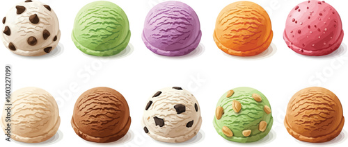 An assortment of ten ice cream scoops in various flavors and colors arranged on a white surface
