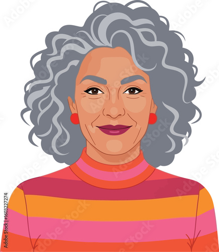 Illustration of a woman with curly gray hair wearing a striped turtleneck and red earrings