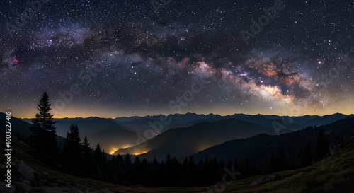 Wallpaper Mural Majestic Milky Way galaxy arching over a dark, silhouetted mountain range at night, with faint valley lights below. Torontodigital.ca