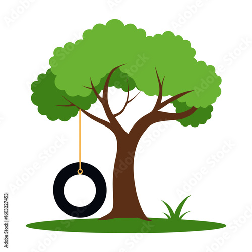 Cartoon tree with tire swing on a sunny day