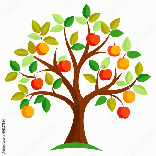 Stylized apple tree with red and yellow fruit