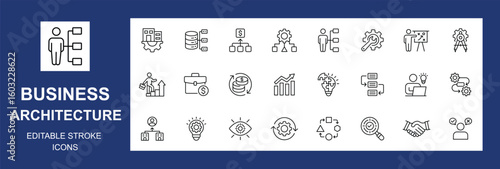 Business Architecture Line Icons set. modern thin line style of business related icons: strategy, methodology, company, management, Pictograms and infographics. Editable stroke. Vector illustration