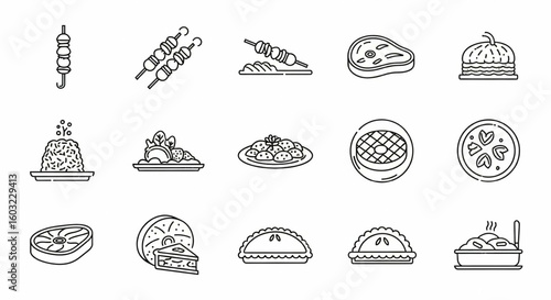 Meat Product Line Icon Set – Kebab, Shashlik, Ground Beef, Tartare, Carpaccio, Patty, Pie, Casserole Vector

