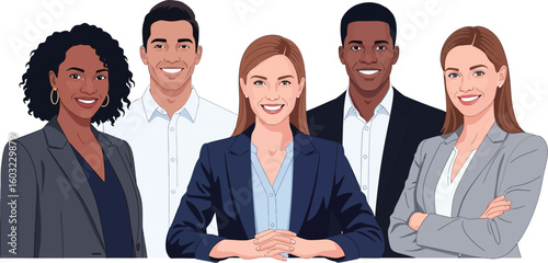 Diverse group of five business professionals smiling against a plain white background image