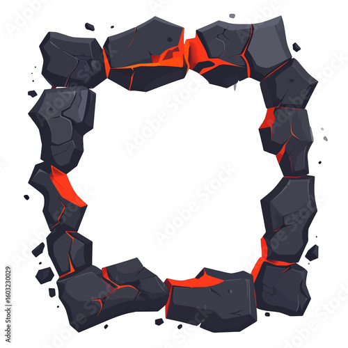 Square Frame Made Of Broken Dark Rocks With Red Lava
