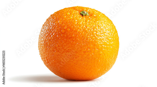 Single fresh orange with water droplets on white background