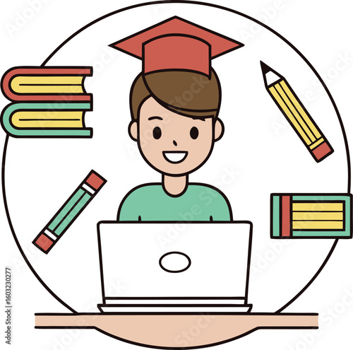 Cartoon student with graduation cap using laptop surrounded by books and pencils computer