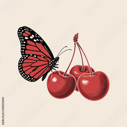 Red cherries on stem with butterfly and good luck text in hand drawn trendy vector illustration style
