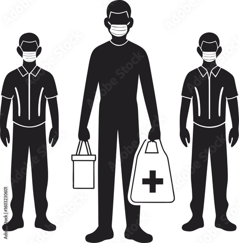 Three people wearing face masks and carrying shopping bags one with a cross symbol