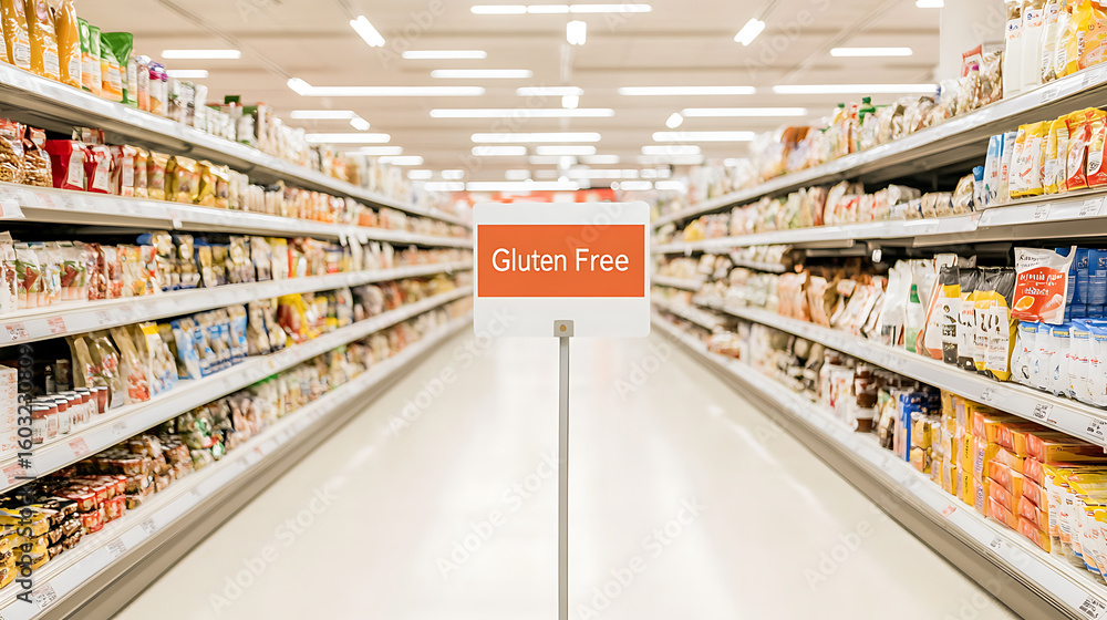 Fototapeta premium Grocery store aisle with gluten-free products. Convenient shopping for dietary needs, highlighting a gluten-free sign in a modern setting. Food for all!