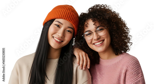 Two smiling young women friends isolated on transparent background