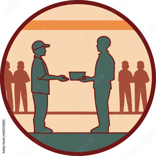 Two people exchanging a package with onlookers in the background delivery exchange