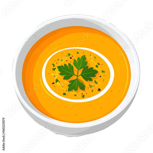 Creamy Orange Soup In White Bowl With Parsley Garnish