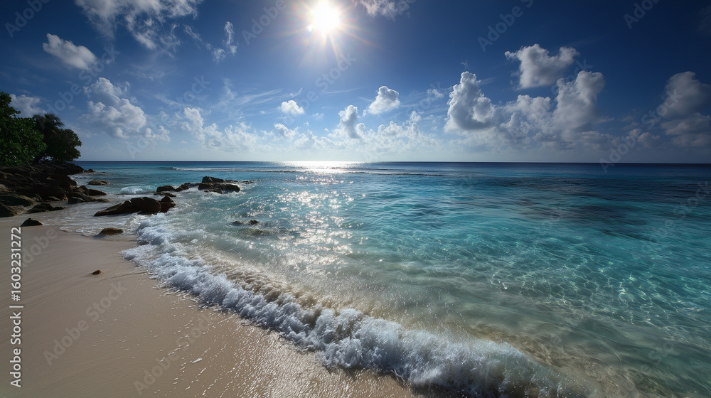Fototapeta premium Stunning Tropical Beach Scene with Crystal Clear Waters Under a Bright Sun