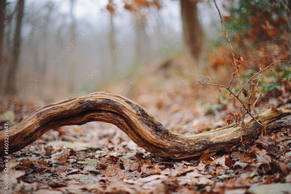 Fototapeta premium Detailed view of a curved brown branch on the ground