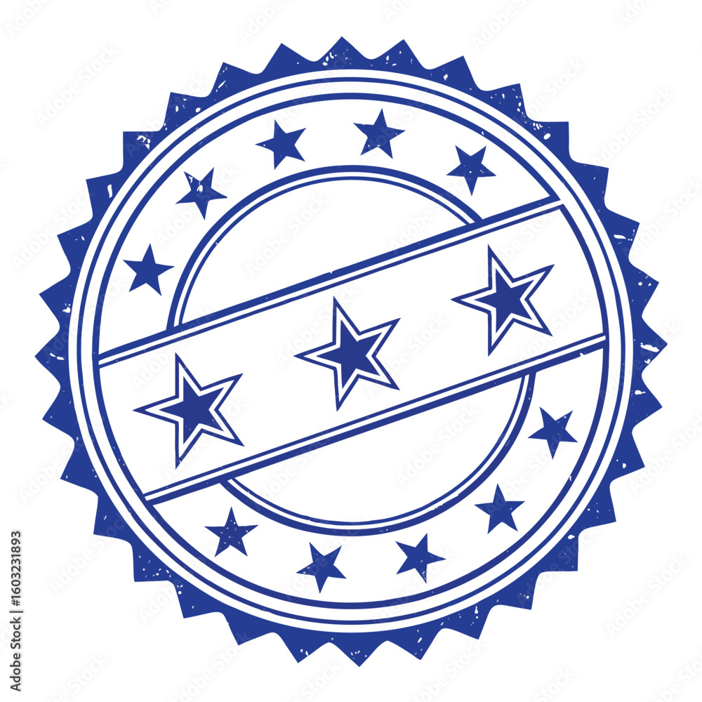 Fototapeta premium Distressed blue circular badge features stars and thick stripes on a white backdrop