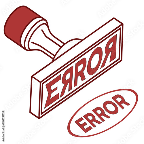 Isometric rubber stamp showcases the reversed word error, alongside an error stamp
