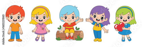 Tiny Troll Characters Vector Set – Cute Fantasy Creatures with Colorful Hair and Little Horns for Kids’ Illustrations, Storybooks, Games, Cartoon Design, and Fun Art Projects

