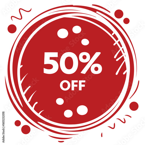 A fifty percent off discount announcement is highlighted with a bold red circular badge