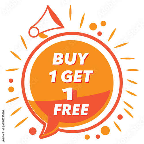 Orange promotional banner with megaphone announces a buy one get one free deal now