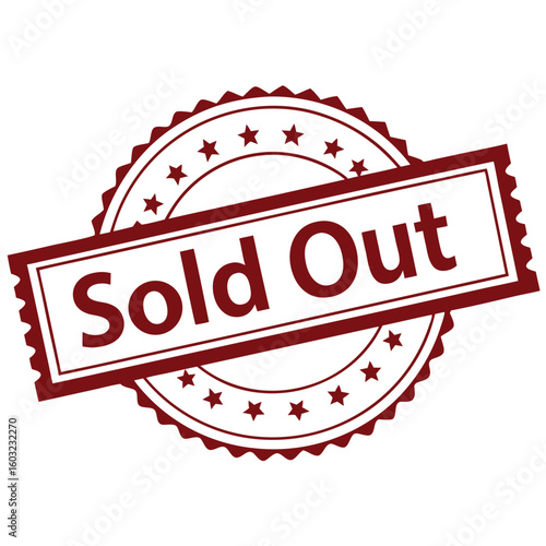 Maroon sold out stamp with star accents evokes scarcity and unavailability with transparent background