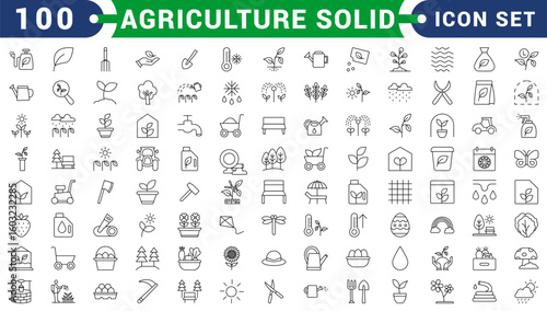 Sustainable agriculture solid icons set – eco-friendly farming, conservation, and gardening symbols: seedling, irrigation, organic, protection, recycling, watering can, pump, growth.