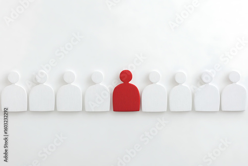 Red silhouette standing out among white ones, symbolising individuality, leadership, and difference, highlighting the concept of being unique and special.