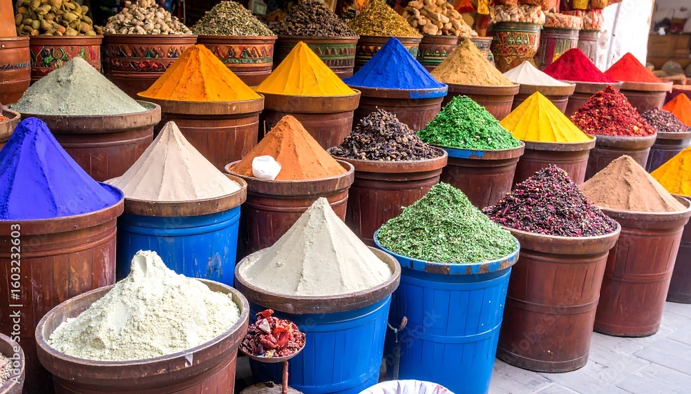 Fototapeta premium Vibrant assortment of spices at a Moroccan market creating colorful pyramids