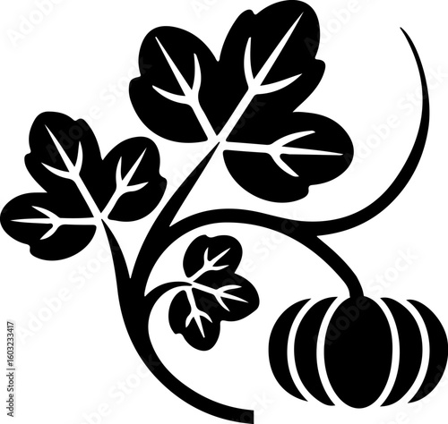 A minimalist logo design featuring Pumpkin Vine in a sleek silhouette vector style. The vine gracefully curves upward, displaying three vibrant green pumpkin leaves and a single nascent pumpkin. The