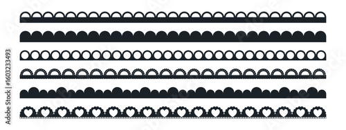 Lace border with scallop edge and pattern trim for vector frame or crochet embroidery. Black design on white background. Seamless traditional divider.