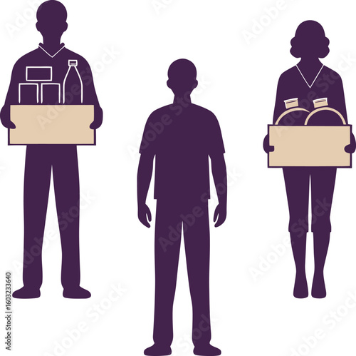 Three people silhouettes holding boxes with food and drinks vector