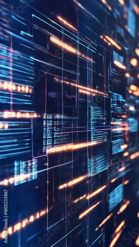 Abstract digital display with glowing lines and grids