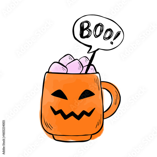 Vector watercolor drawing of Jack-o'-lantern mug for Halloween sticker, menu, card, or scrapbook. Illustration of hot drink with marshmallows and Boo bubble isolated on white background. 