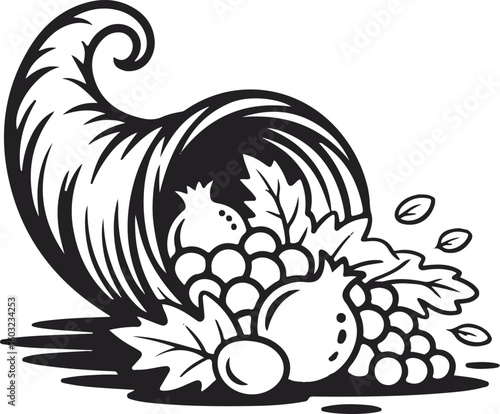 Abundant Harvest Horn of Plenty Vector Illustration with Fruits and Foliage Design Element