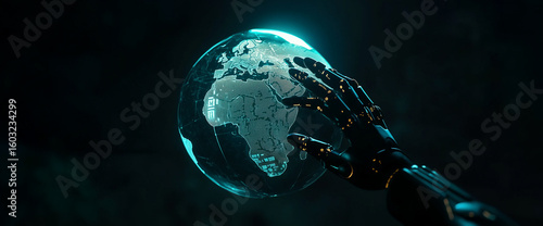Robotic Hand Interacting with Digital Globe in Futuristic Environment