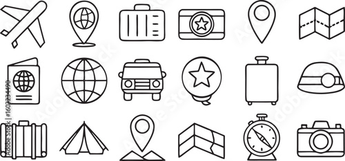 Isolated black travel vector icon set, airplane, passport, suitcase, hotel building, location marker, map direction, global transportation icons
