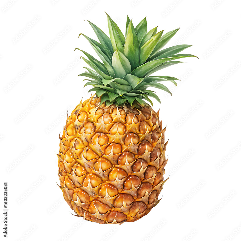Fototapeta premium Fresh Ripe Whole Pineapple with Green Crown and Transparent Background PNG