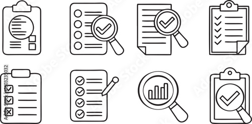 Isolated black audit and analysis icons, business checklist, report file, magnifying glass, inspection process, analytics dashboard, financial document