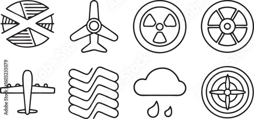 Isolated black aviation vector icon set, airplane silhouette, jet propulsion, wind and pressure, flight direction, aircraft tools, minimal air travel pack