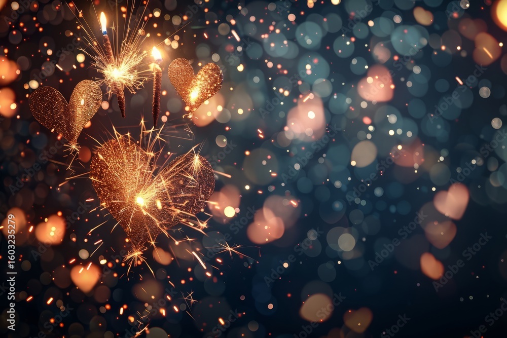 Fototapeta premium Sparkling heart-shaped bokeh with glittering lights and warm glow