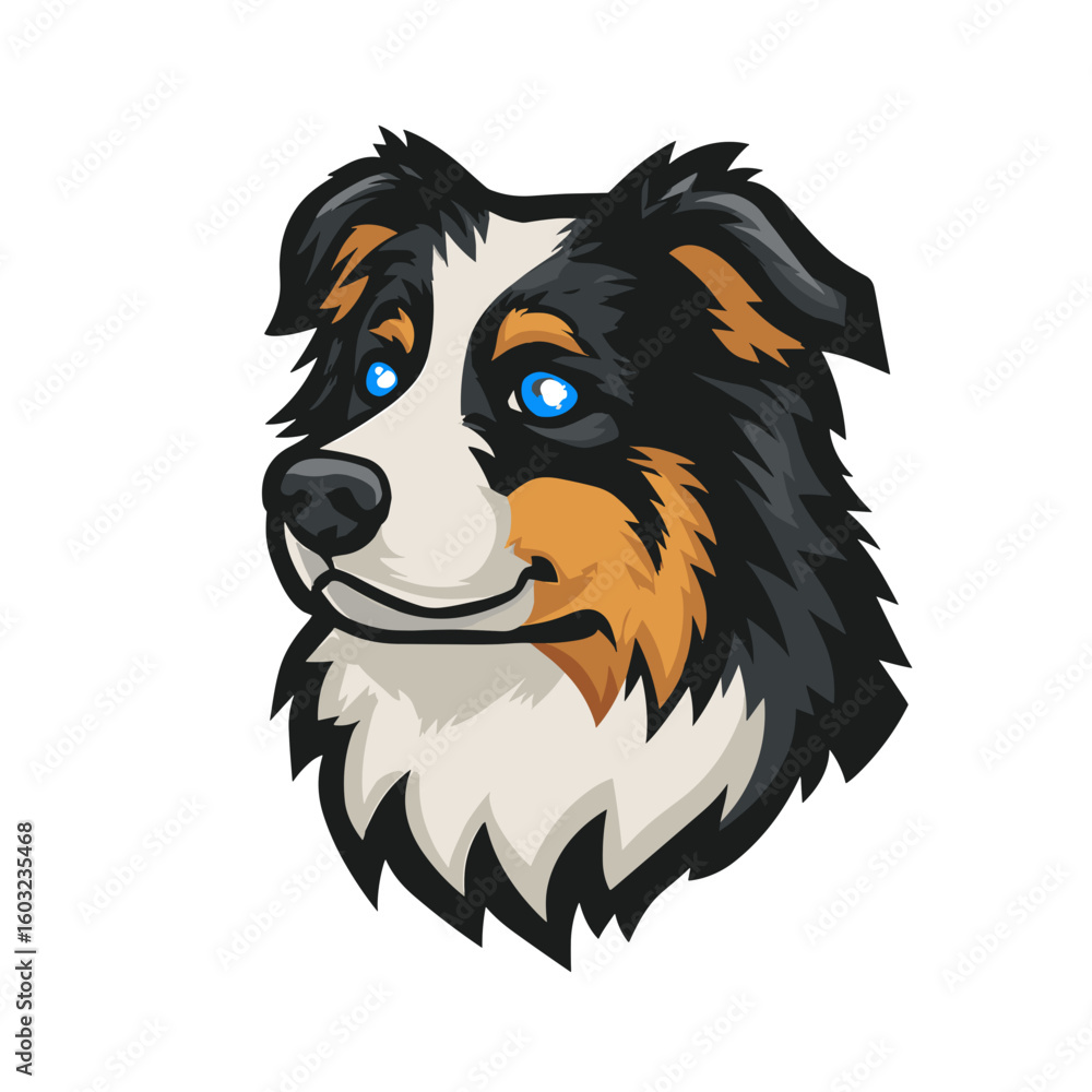 Fototapeta premium Profile of a friendly dog with blue eyes in a cartoon style design featuring distinct fur patterns and colors