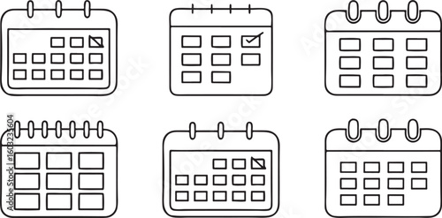 Isolated New Year calendar planning icons, January month page, year planner book, monthly goals, date marker, event reminder stickers, minimal layout set