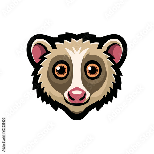 Cute cartoon representation of a raccoon face with large expressive eyes and a playful smile in a colorful design