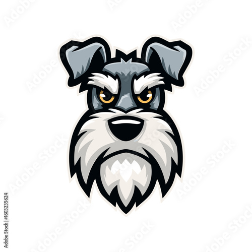 Cartoon representation of a schnauzer with an expressive face showcasing determination and attitude