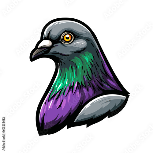 Colorful illustration of a pigeon with vibrant plumage against a white background highlighting its features and character