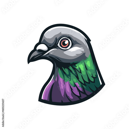Colorful pigeon illustration featuring vibrant plumage and distinct facial features