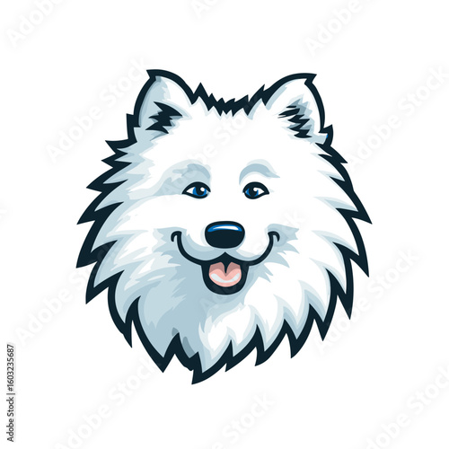 Cute Samoyed dog face design showcasing cheerfulness and fluffy fur features in a cartoon style