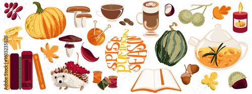Large cozy vector autumn set with pumpkin, sea buckthorn tea, open book, candles, mushrooms, coffee cup, viburnum berries, and cute hedgehog. Perfect for seasonal decor, cards, posters, and teaching 