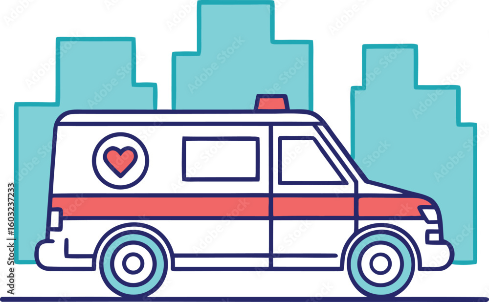 Fototapeta premium Stylized illustration of a white ambulance with red and blue accents in front of teal buildings
