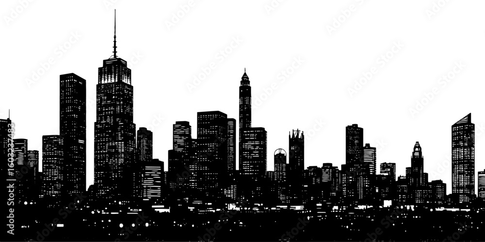 Fototapeta premium Woodcut style city skyline at night in black and white